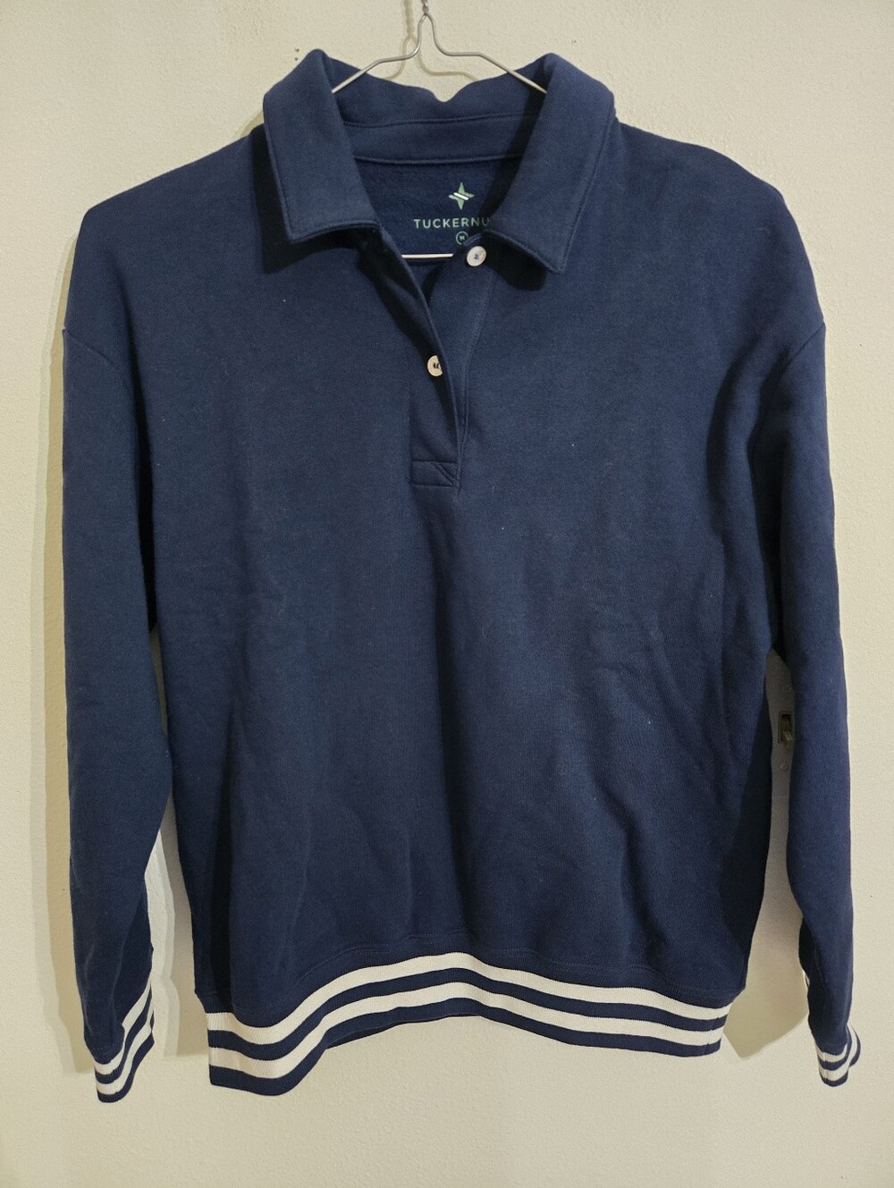 Tuckernuck Navy Polo Sweater with White Stripe Trim
